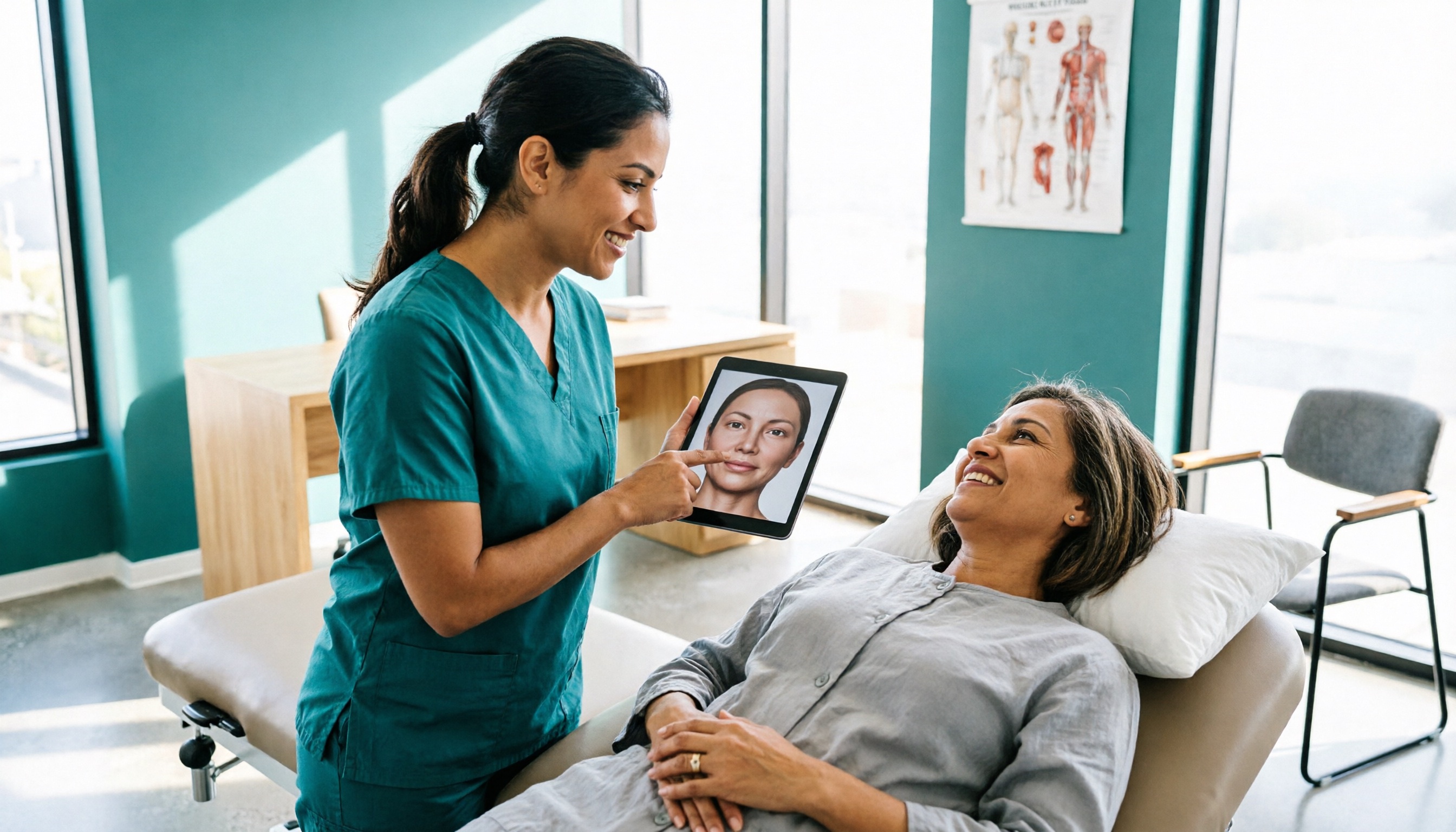 Cosmetic surgery consultation with caring surgeon