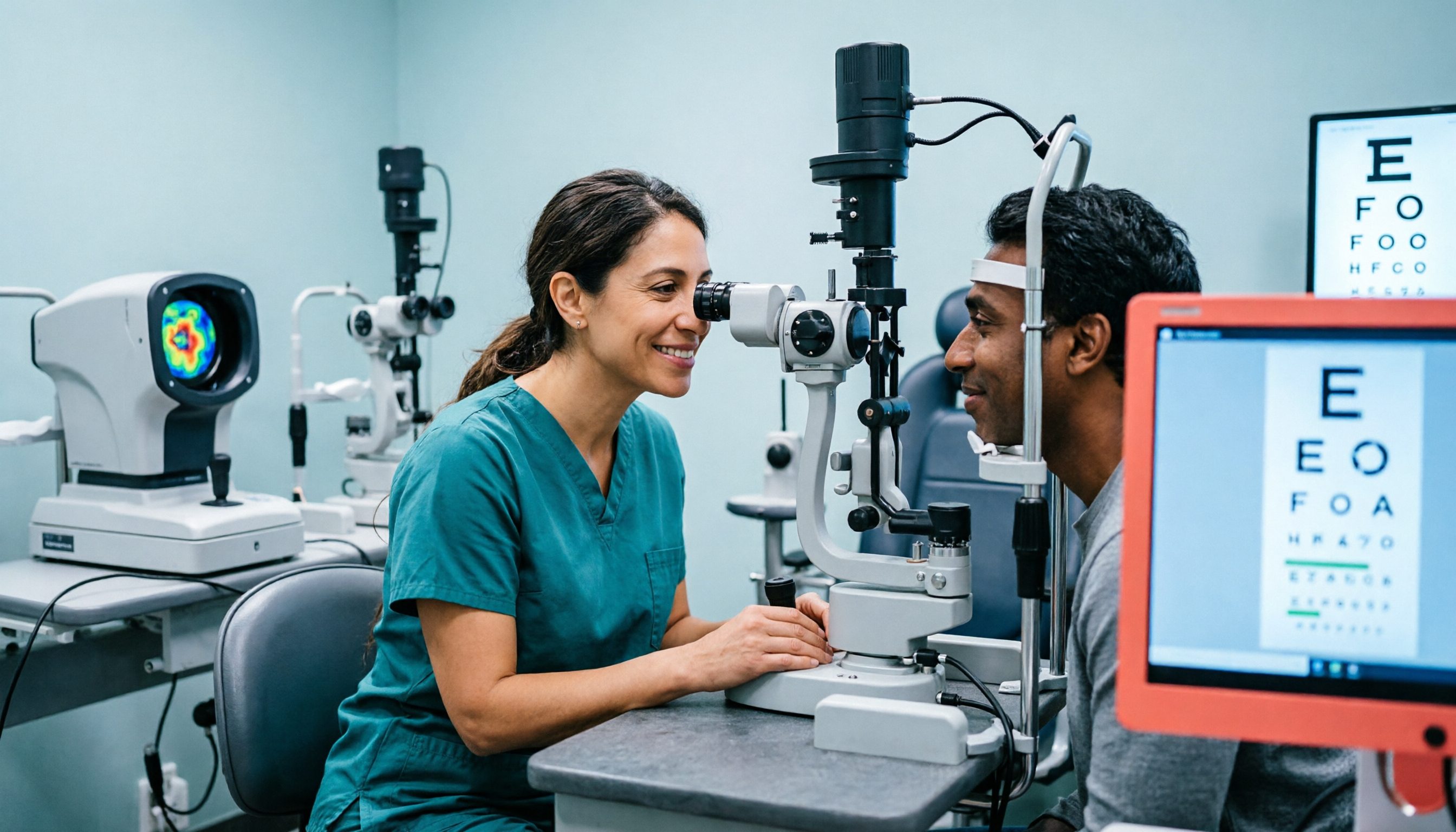 Eye care professional performing examination with slit lamp