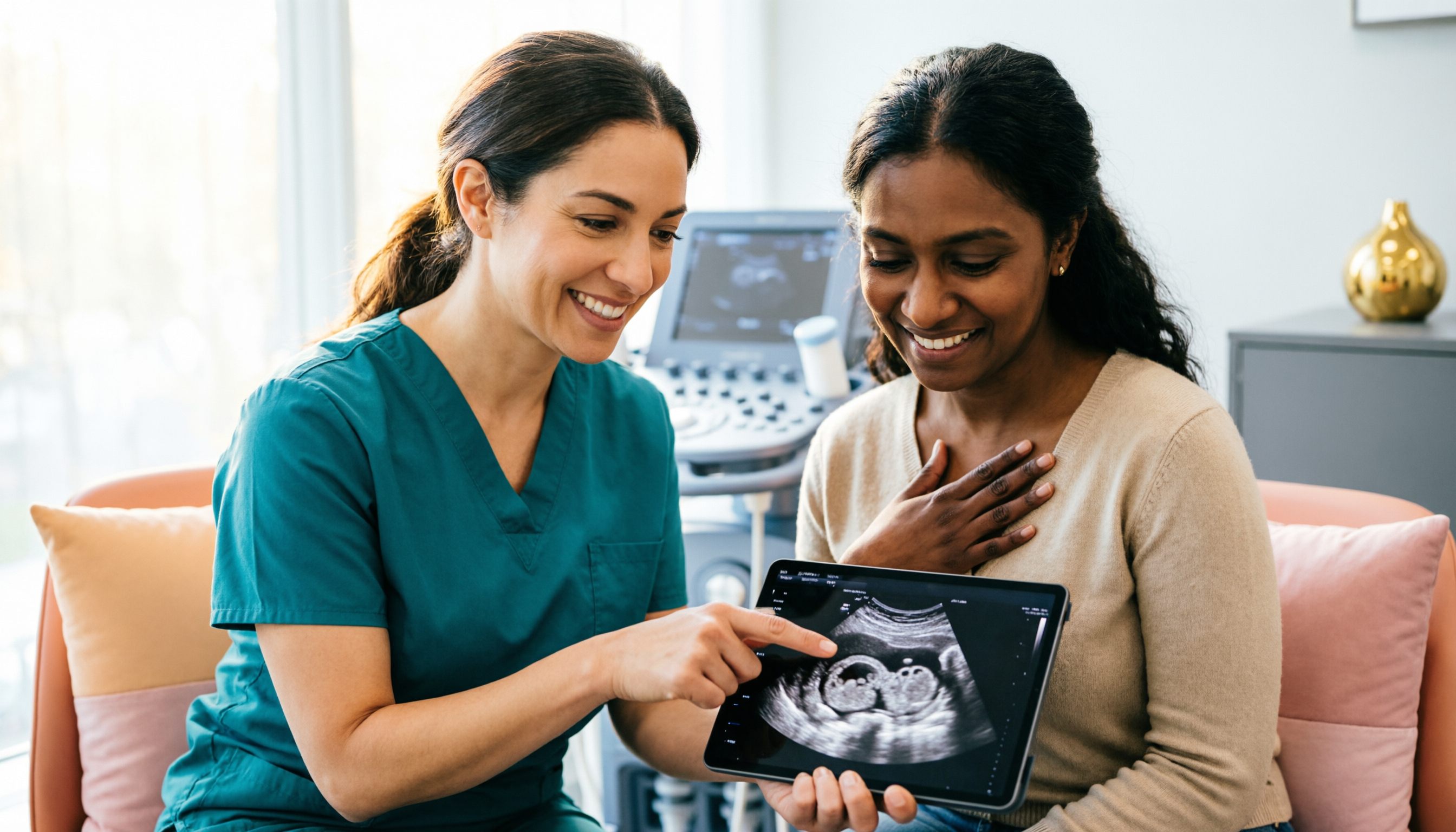 Fertility specialist showing ultrasound to expectant patient