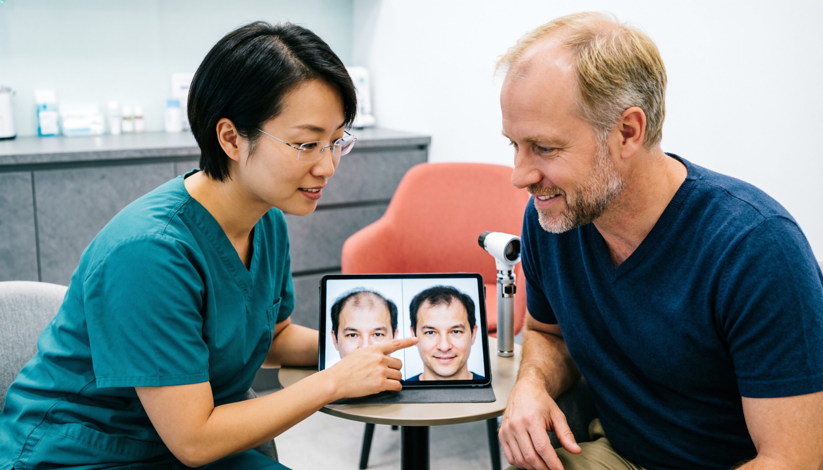 Hair restoration specialist showing before and after results to patient