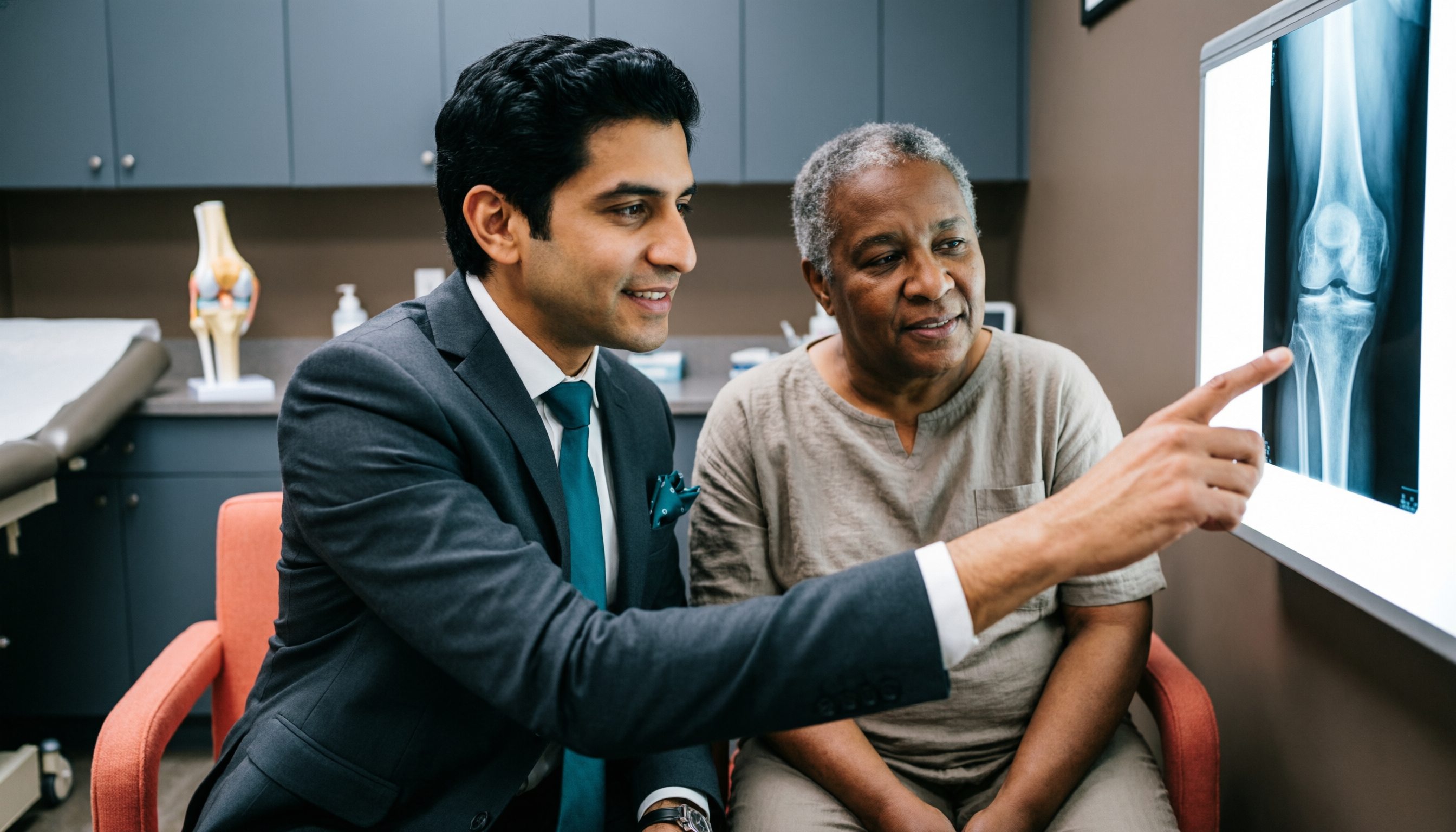 Orthopedic surgeon reviewing knee X-ray with patient