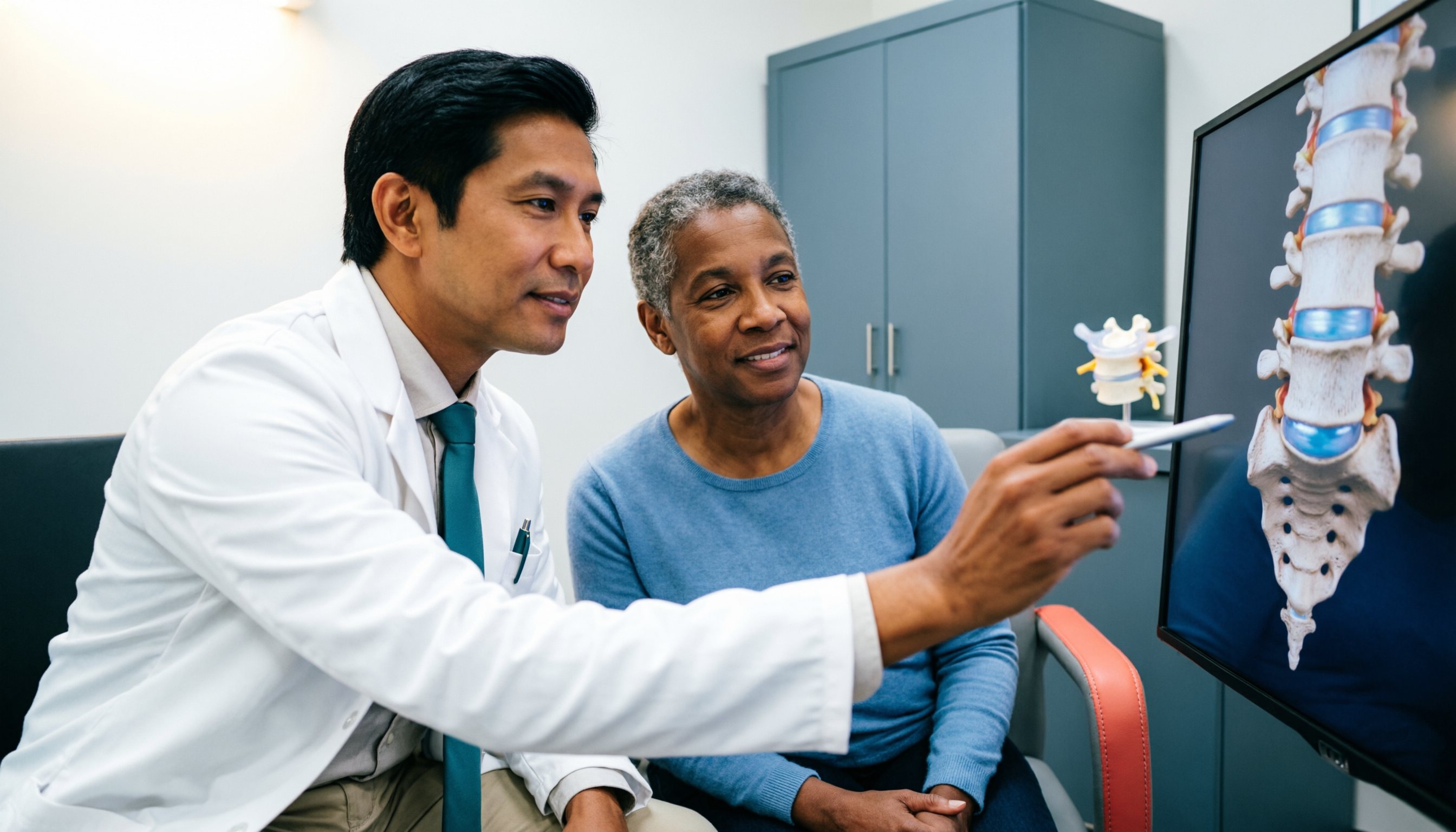 Spine surgeon explaining spinal anatomy on monitor to patient